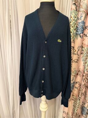 Vintage 80s IZOD Lacoste Navy Cardigan L Made USA Crocodile Preppy